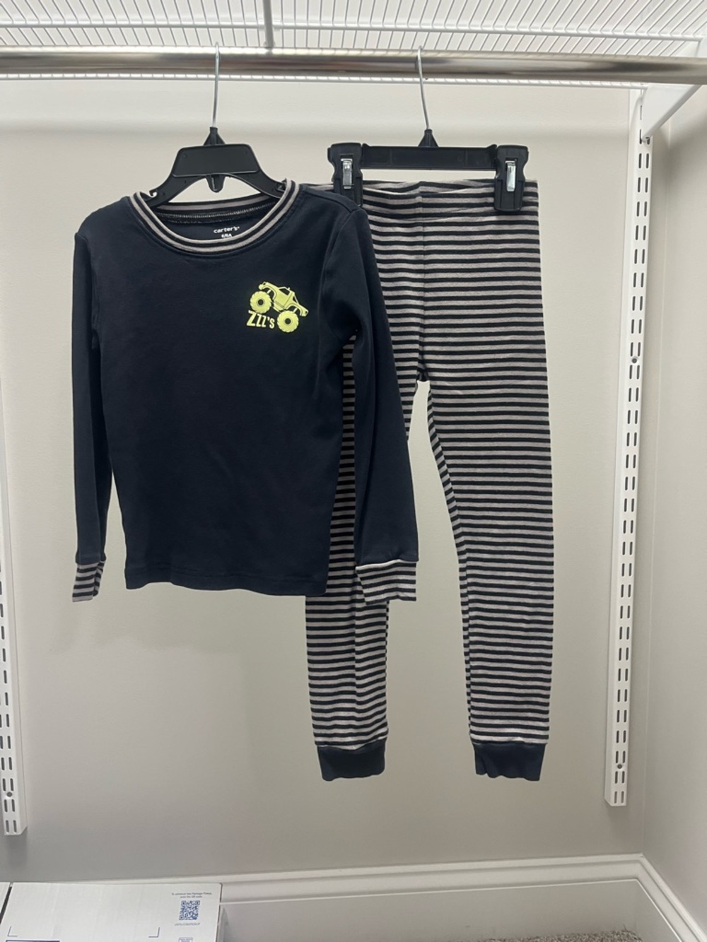 Carter's Black Pajama Set with Tan Stripes and Neon Yellow Monster Truck